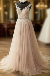 Elegant Tulle Lace Long Evening Prom Dress, A-Line Scoop Neckline Evening Dress
