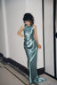Elegant Turquoise Fitted High-Neck Halter Neck Satin Long Classy Prom Dress Bridesmaid Dress