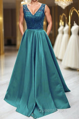 Elegant V Neck Green Lace Long Evening Prom Dress, Green Lace Formal Graduation Evening Dress