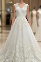 Elegant V-Neck Lace Ball Gown Wedding Dress