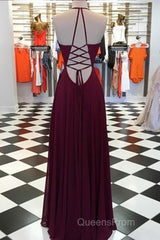 Elegant V Neck Open Back Burgundy Evening Prom Dress, Open Back Burgundy Formal Dress, Long Burgundy Evening Dress