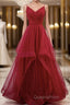 Elegant V Neck Open Back Sequins Burgundy Long Evening Prom Dress, Shiny Burgundy Formal Dress, Fluffy Burgundy Evening Dress