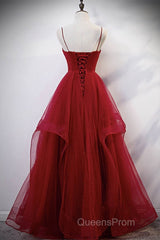 Elegant V Neck Open Back Sequins Burgundy Long Evening Prom Dress, Shiny Burgundy Formal Dress, Fluffy Burgundy Evening Dress