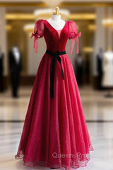 Elegant V-Neck Tulle and Velvet Long Evening Prom Dress, Burgundy A-Line Evening Dress