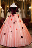 Elegant Velvet Tulle Long Evening Dress, Burgundy Off the Shoulder Sweet Flower Party Dress