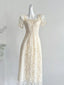 Elegant Vintage Ivory A-Line Square Neck Short Sleeve Lace Waist Long Classy Prom Dress