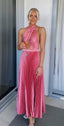 Elegant Wedding Guest Outfit A Line Halter Hot Pink Satin Classy Prom Dress Summer Wedding Guest Dress Graduation Dress