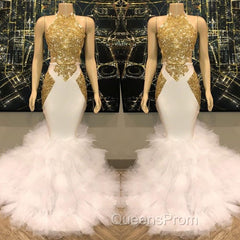 Elegant White And Gold Mermaid Evening Prom Dress Sequins High Collar Chiffon Long
