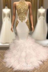 Elegant White And Gold Mermaid Evening Prom Dress Sequins High Collar Chiffon Long