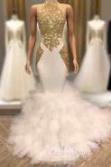 Elegant White And Gold Mermaid Evening Prom Dress Sequins High Collar Chiffon Long