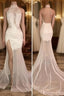 Elegant White Lace Halter Evening Prom Party GownsMermaid Backless Party Dress With Slit