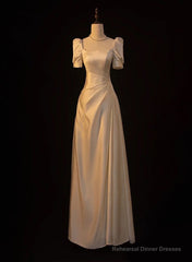 Elegant White Satin A-line Wedding Party Dress Long Prom Dress Evening Gown
