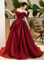 Elegant Burgundy A-Line Off-The-Shoulder Bow-Embellished Satin Long Classy Prom Dress