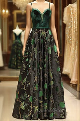 Embroidery Green Floral Long Evening Prom Evening Dress