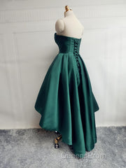 Emerald Green High Low Satin Evening Prom Dress, Emerald Green High Low Formal Graduation Dress