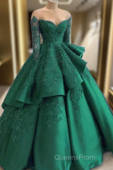 Emerald Green Evening Prom Dress Long Sleeves Green Ball Gown Evening Prom Dress