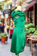 Emerald Green Sheath/Column Off-the-Shoulder Sleeveless Satin Short/Mini Homecoming Dress With Ruffles