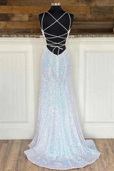 Empire Mermaid White Sequin V-Neck Evening Prom Dress