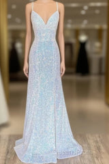 Empire Mermaid White Sequin V-Neck Evening Prom Dress