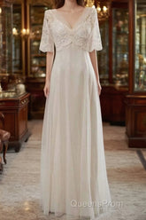 Empire Waist V-neck Tulle A-line Wedding Dress