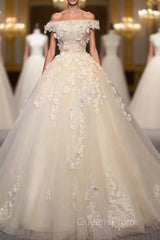 Engagement Vintage Formal Wedding Dress Ball Gown Off Shoulder Cap Sleeve Cathedral Train Lace Bridal Gowns With Pearls Appliques