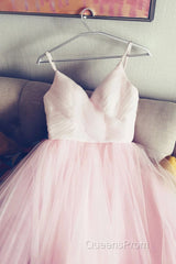 Light Pink Spaghetti Straps Tulle Long Evening Prom Formal Dress, Puffy Party Dress