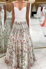 White Straps Floor Length Long Evening Prom Dress with Lace Flowers Formal Dress