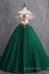 Green Off the Shoulder Floor Length Evening Prom Dress with Appliques, Puffy Quinceanera Dress