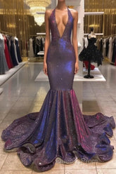 Chic Deep V-Neck Sleeveless Evening Prom Dress New Arrival Halter Memaiad Sequins Evening Gowns