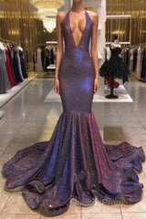 Chic Deep V-Neck Sleeveless Evening Prom Dress New Arrival Halter Memaiad Sequins Evening Gowns