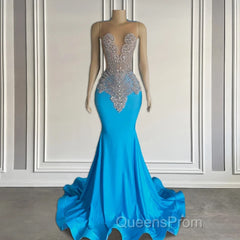 Ocean blue sleeveless mermaid Evening Prom Dress with long beadings