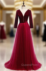 Fabulous Burgundy Tulle Velvet Long Sleeve V-neck Pleats Peom Dress