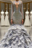 Fabulous Long Mermaid V-neck Sequined Beading Feather Tulle Evening Prom Dress with Sleeves