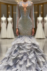 Fabulous Long Mermaid V-neck Sequined Beading Feather Tulle Evening Prom Dress with Sleeves