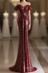 Simple Off Shoulder Sequin Burgundy Long Evening Prom Dress, Burgundy Long Evening Dress