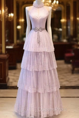 Fairy A Line High Neckline Pink Long Tulle Evening Prom Dress 22Th Birthday Outfit