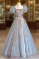 Fairy A Line Square Neckline Tulle Long Blue Evening Prom Dress