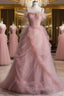 Fairy Ball Gown Straps Pink Tulle Evening Prom Dress For Teens