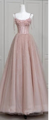 Fairy Ball Gown Straps Pink Tulle Evening Prom Dress Long Evening Dress