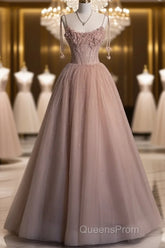 Fairy Ball Gown Straps Pink Tulle Evening Prom Dress Long Evening Dress