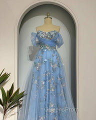 Fairy Blue Tulle Off Shoulder Lace Embroidery Dress