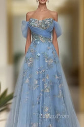 Fairy Blue Tulle Off Shoulder Lace Embroidery Dress