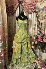 Fairytale Sage A-Line Mask Evening Prom Dress Beaded Satin Evening Gown For Birthady&Graduation