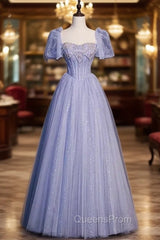 Fancy Blue Tulle Sequins Puff Sleeve Beading Evening Prom Dress