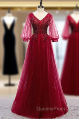 Fancy Tulle V-neck Half Sleeve Beading Evening Prom Dress
