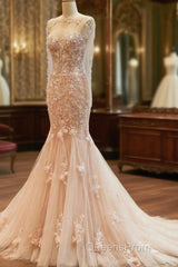 Fantastic Mermaid Tulle Wedding Dress With Lace Appliques & 3D Flowers & Beadings