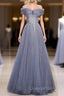 Fantasy Dusty Blue Bling Tulle Evening Prom Dress Off Shoulder With Bling