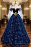 Fashion Blue Tulle Sequins Beading Off the Shoulder Evening Prom Dress