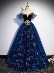 Fashion Blue Tulle Sequins Beading Off the Shoulder Prom Dress