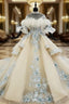 Fashion Champagne Ball Gown Tulle Appliques Short Sleeve Wedding Dress With Long Train
